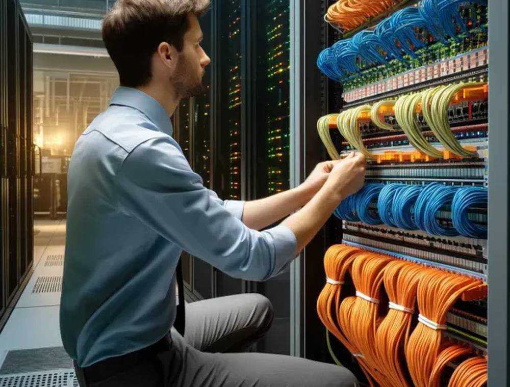 Engineer working in a communications room